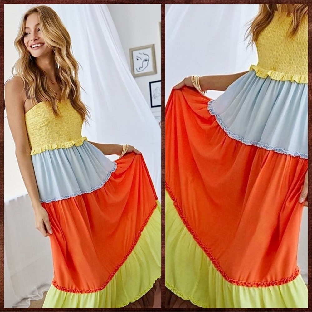 Lux Smocked Bodice Ruffle Trim Tiers Part Lined Skirt Shoulder Ties - Picture 7 of 16